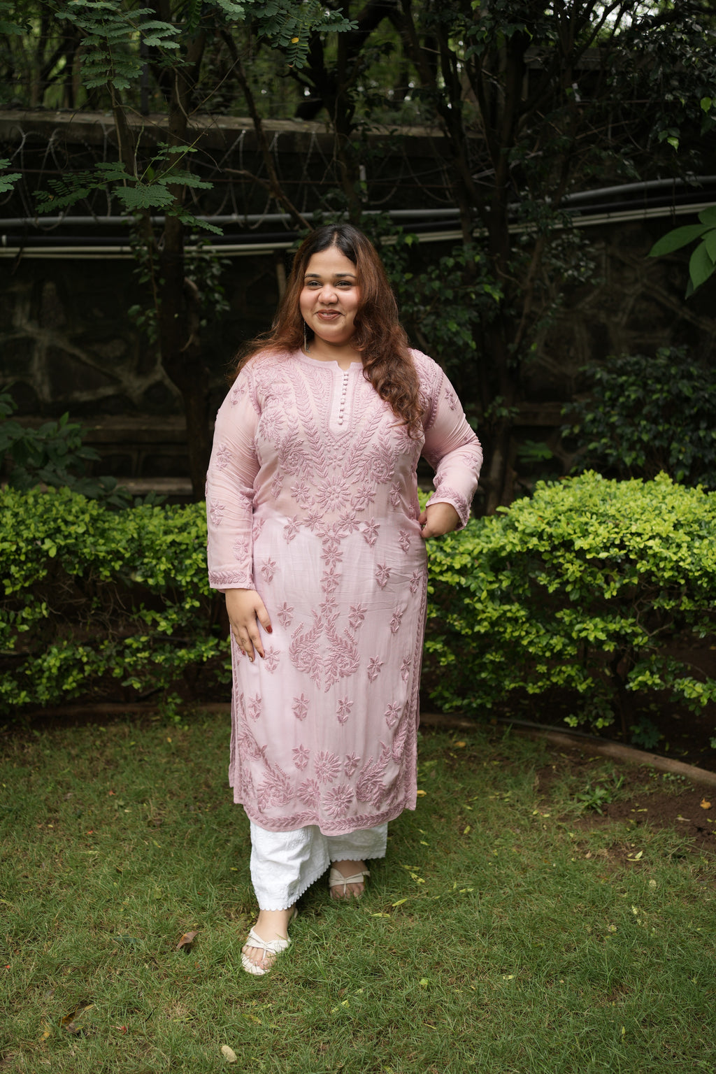 Viscose Georgette Chikankari Kurta - Blush Pink | Sanjh Collection