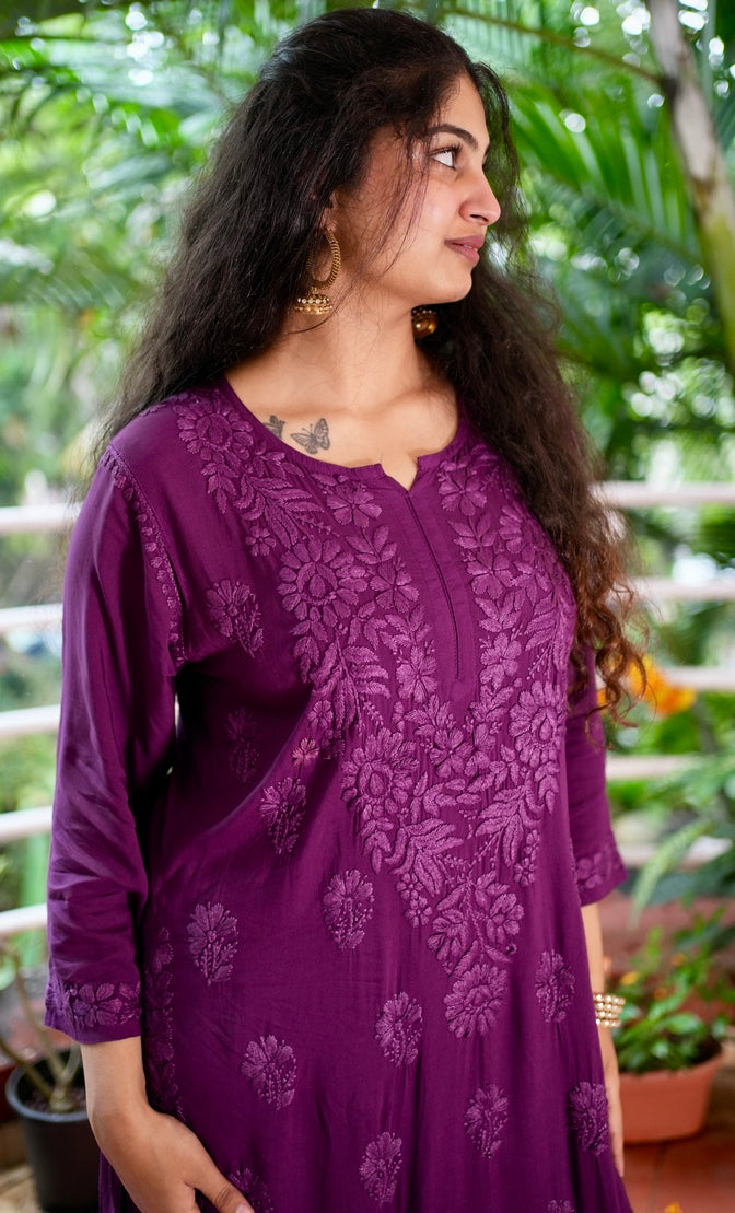 Modal Chikankari Kurta Set - Purple | Noor Collection