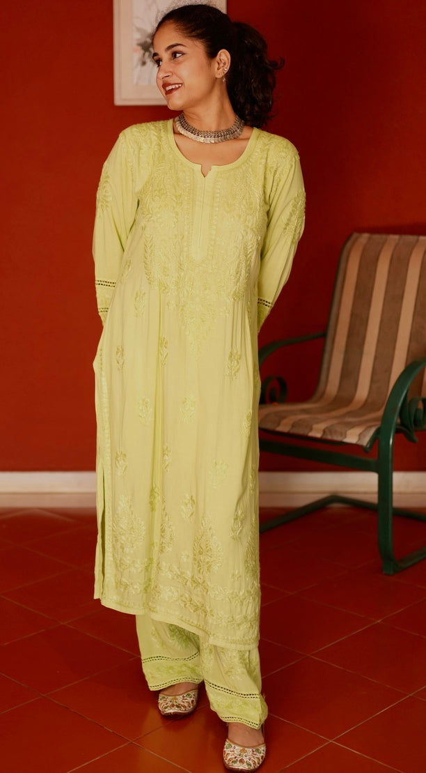 Rayon Chikankari Kurta Set - Lime Green | Noor Collection