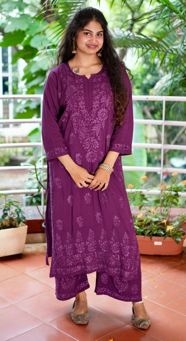 Modal Chikankari Kurta Set - Purple | Noor Collection