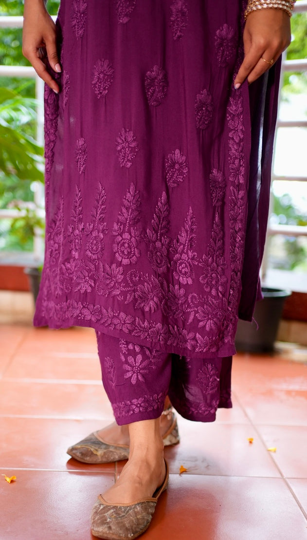 Modal Chikankari Kurta Set - Purple | Noor Collection