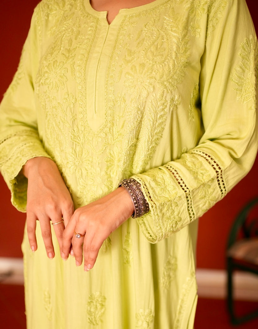 Rayon Chikankari Kurta Set - Lime Green | Noor Collection