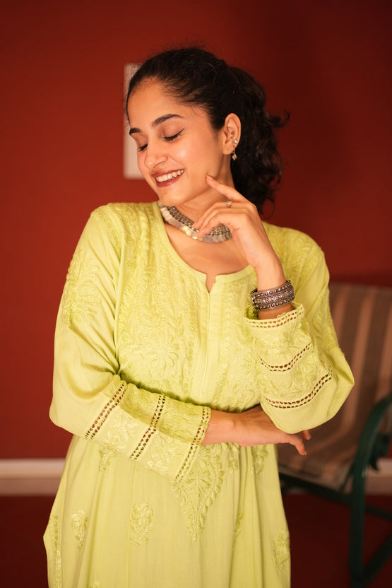Rayon Chikankari Kurta Set - Lime Green | Noor Collection
