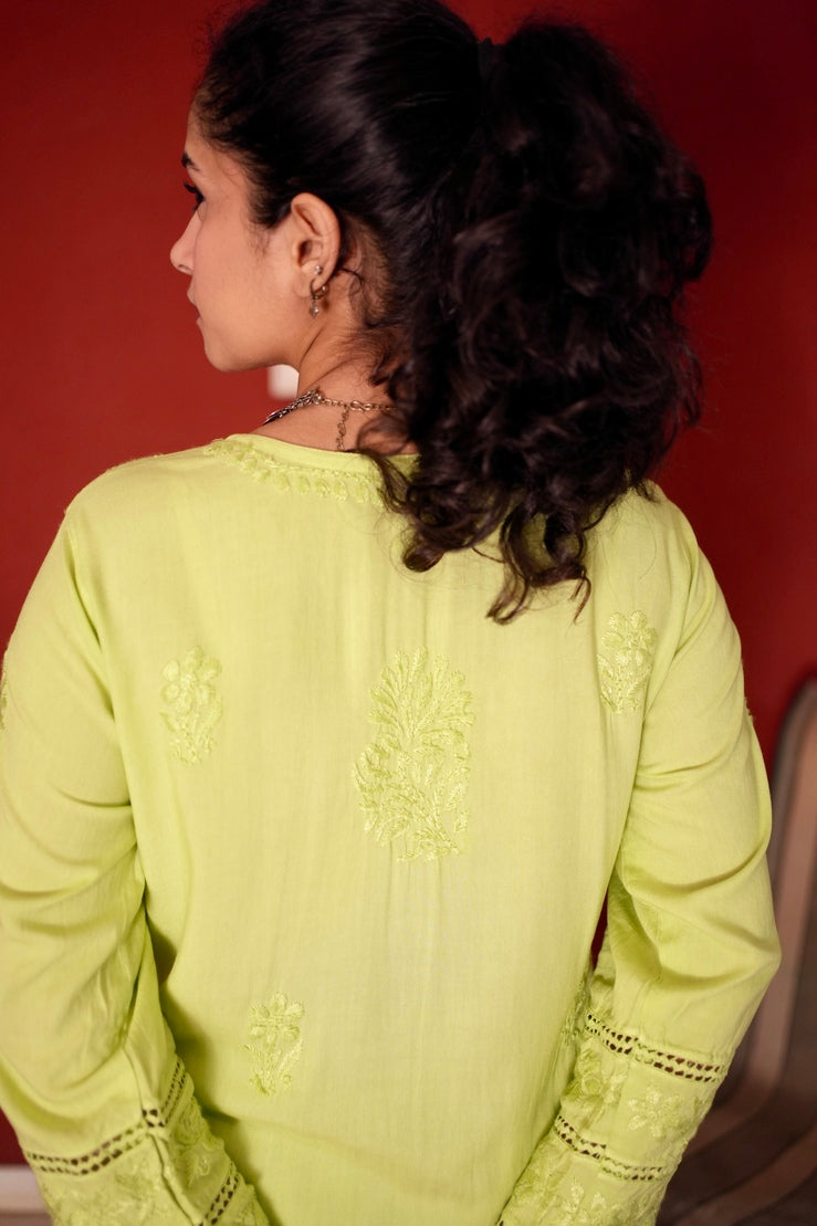 Rayon Chikankari Kurta Set - Lime Green | Noor Collection