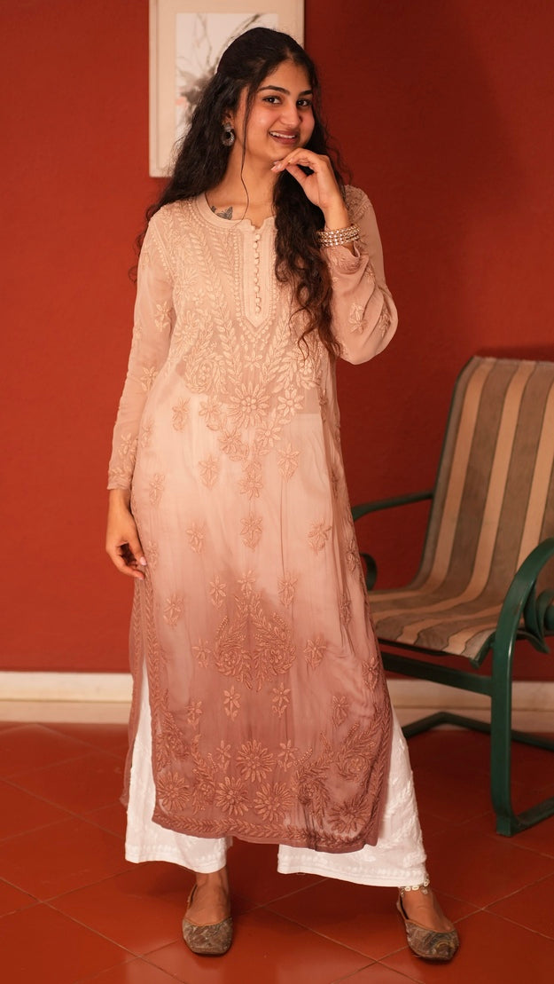 Viscose Georgette Chikankari Kurta - Shaded Beige | Sanjh Collection