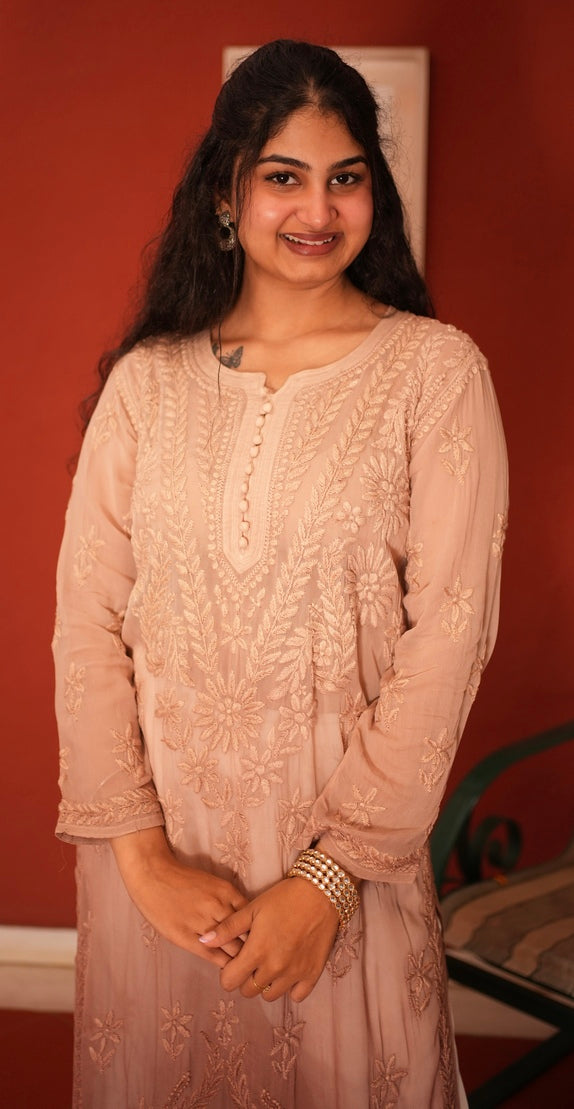 Viscose Georgette Chikankari Kurta - Shaded Beige | Sanjh Collection