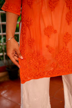 Viscose Georgette Chikankari Kurta - Orange | Sanjh Collection