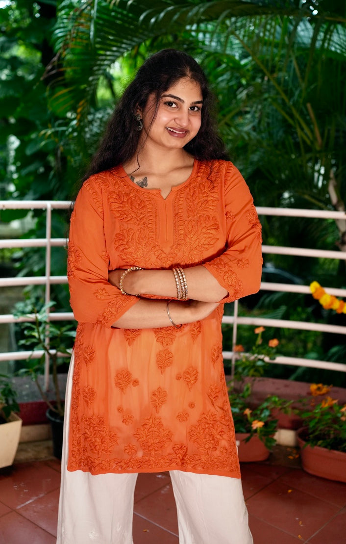 Viscose Georgette Chikankari Kurta - Orange | Sanjh Collection