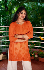 Viscose Georgette Chikankari Kurta - Orange | Sanjh Collection