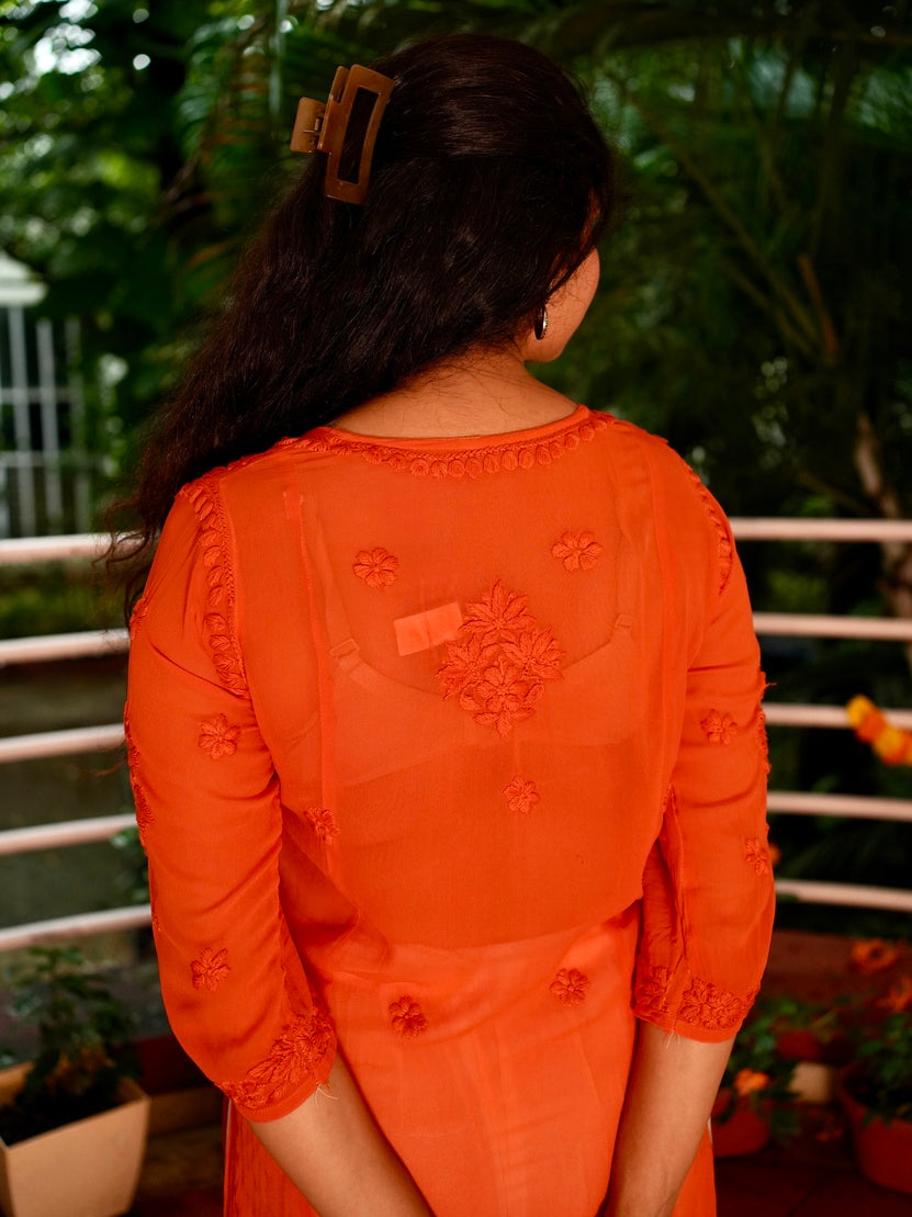 Viscose Georgette Chikankari Kurta - Orange | Sanjh Collection