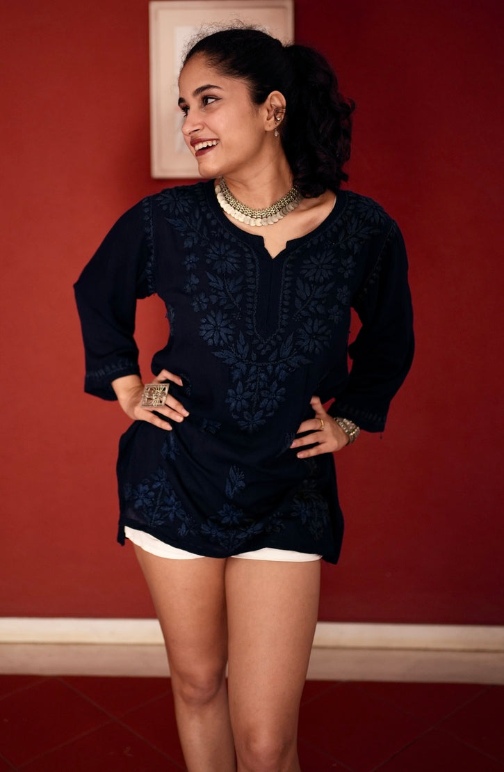 Modal Chikankari Kurta- Navy Blue| Sanjh Collection