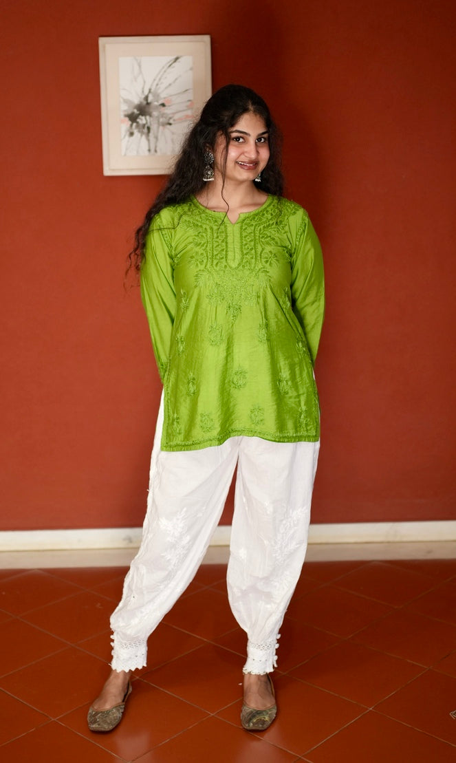 Chanderi Silk Chikankari Kurta- Green | Sanjh Collection