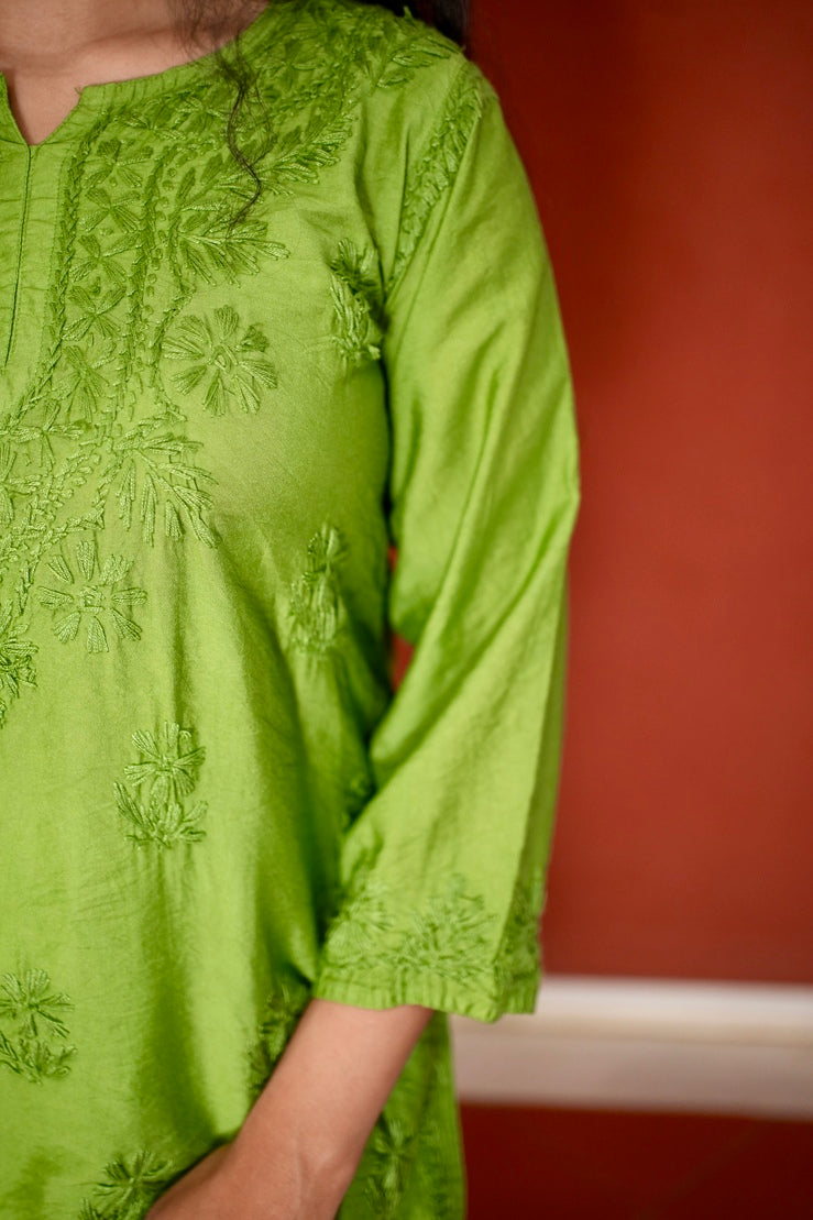 Chanderi Silk Chikankari Kurta- Green | Sanjh Collection