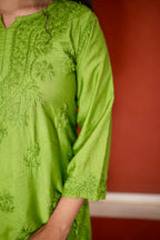 Chanderi Silk Chikankari Kurta- Green | Sanjh Collection
