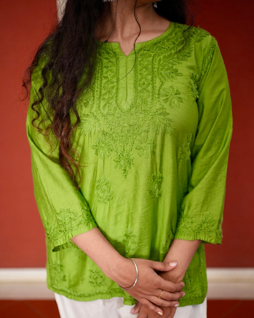 Chanderi Silk Chikankari Kurta- Green | Sanjh Collection