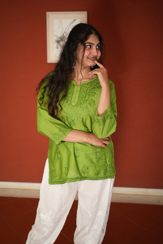 Chanderi Silk Chikankari Kurta- Green | Sanjh Collection