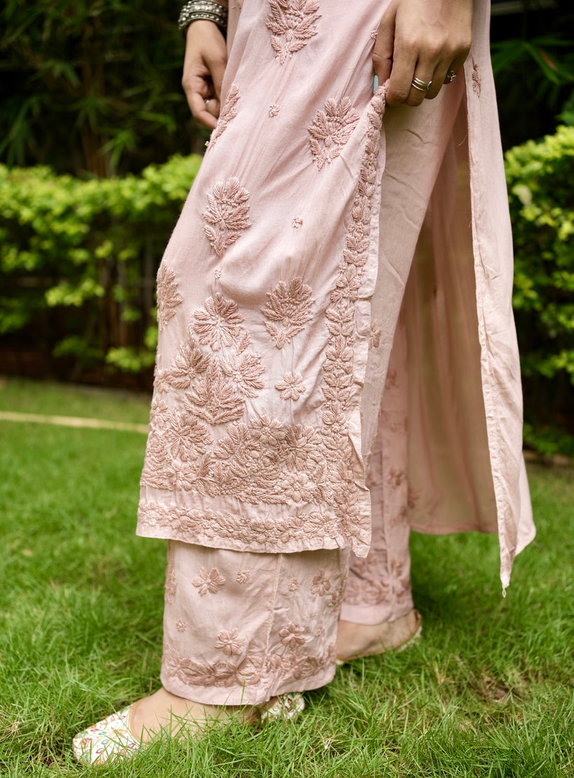 Modal Chikankari Kurta Set - Beige | Noor Collection