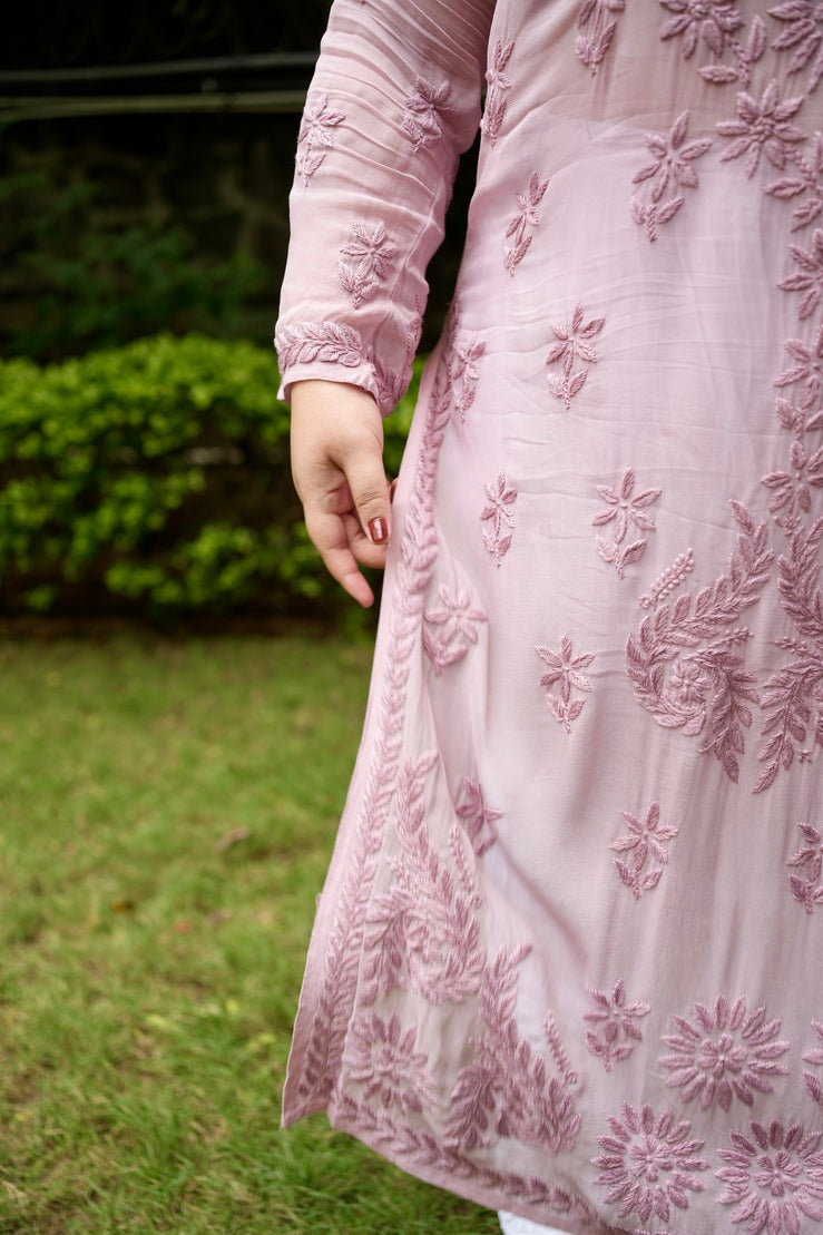 Viscose Georgette Chikankari Kurta - Blush Pink | Sanjh Collection
