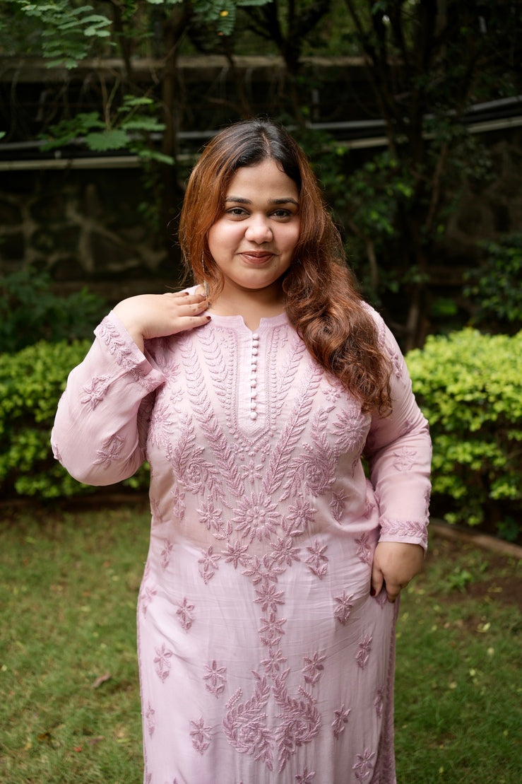 Viscose Georgette Chikankari Kurta - Blush Pink | Sanjh Collection