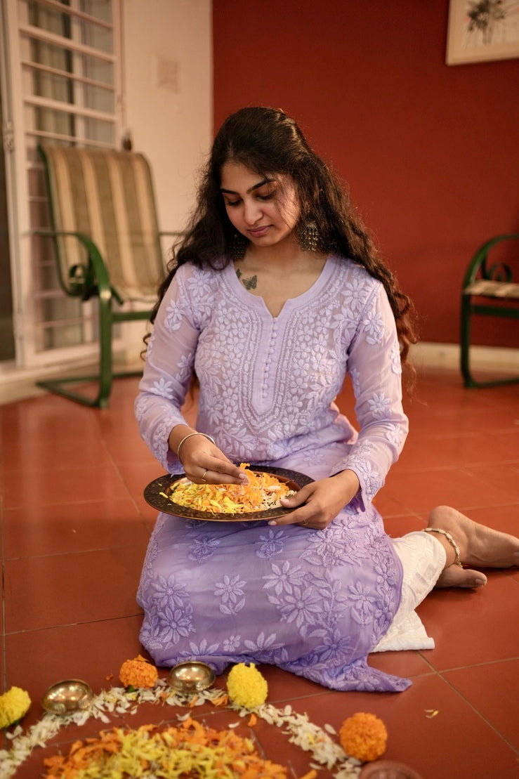Viscose Georgette Chikankari Kurta - Purple | Sanjh Collection