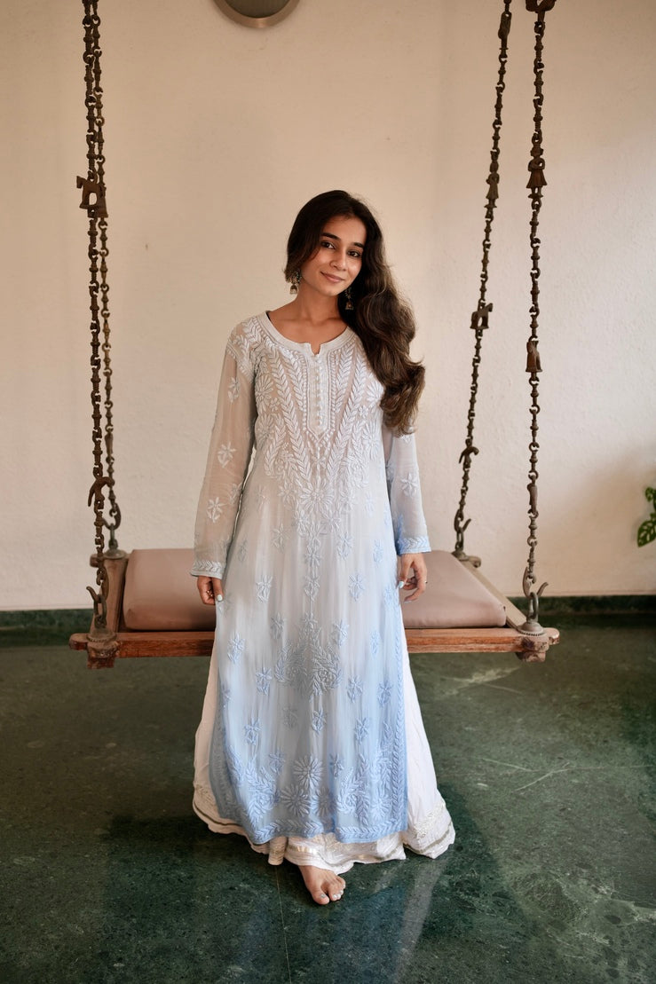 Viscose Georgette Chikankari Kurta - Shaded Blue | Sanjh Collection