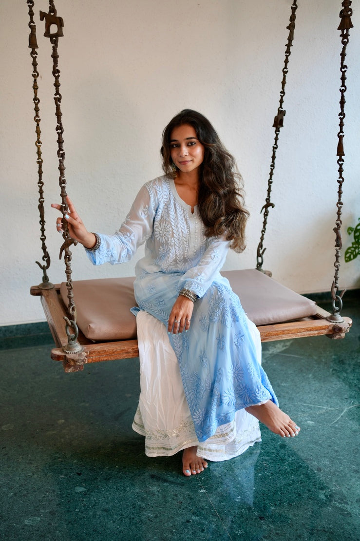 Viscose Georgette Chikankari Kurta - Shaded Blue | Sanjh Collection