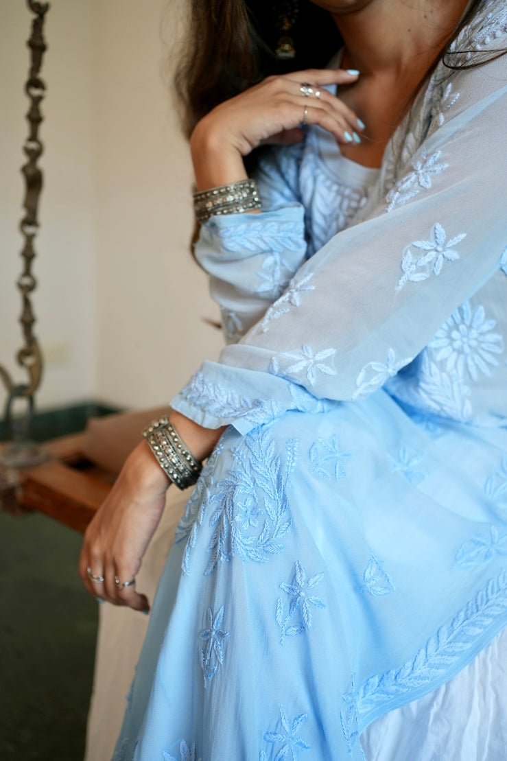 Viscose Georgette Chikankari Kurta - Shaded Blue | Sanjh Collection
