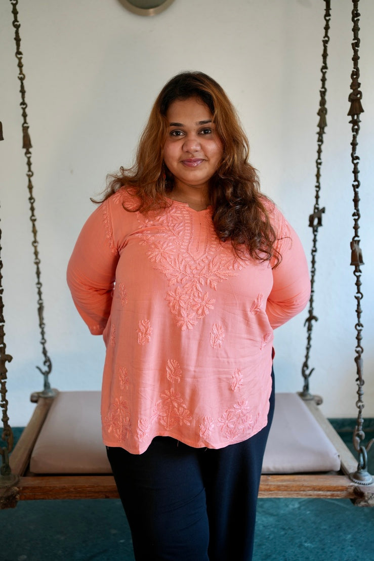 Modal Chikankari Kurta- Orange | Sanjh Collection