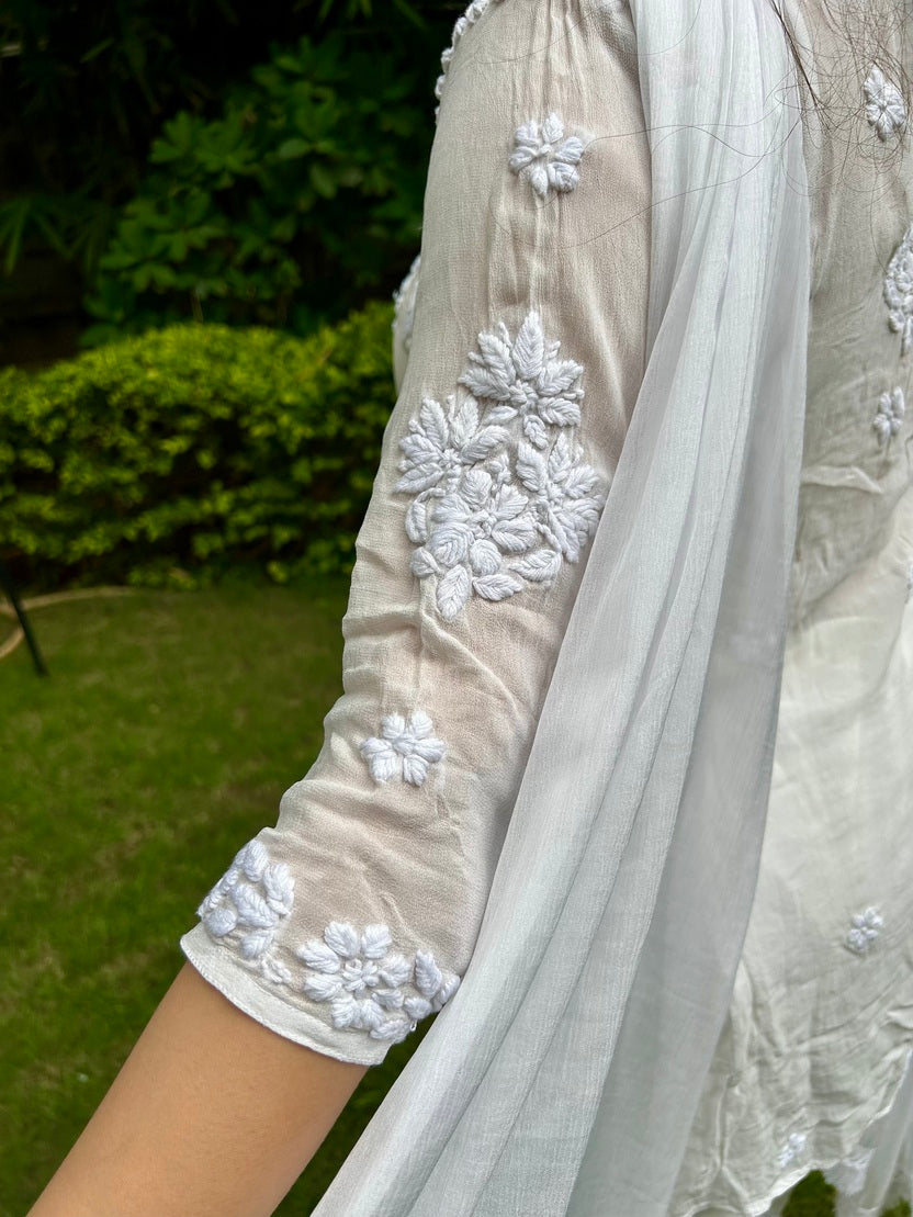 Viscose Georgette Chikankari Kurta Set - White | Noor Collection