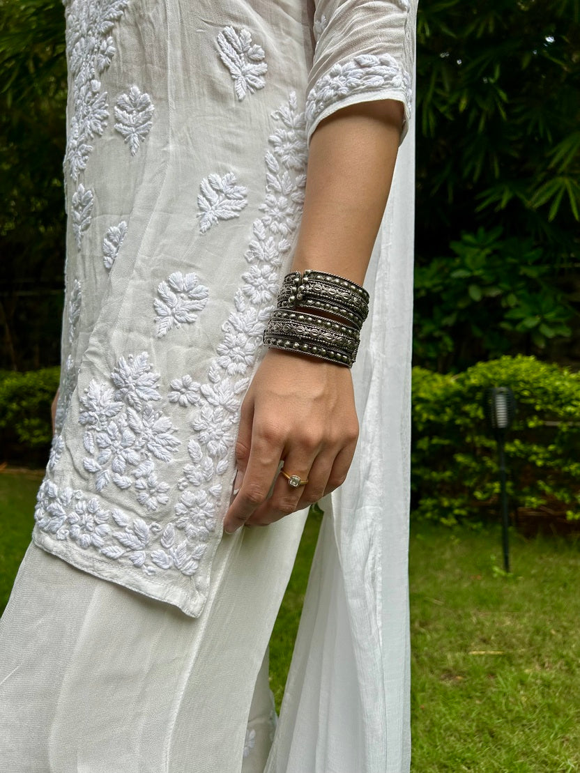 Viscose Georgette Chikankari Kurta Set - White | Noor Collection