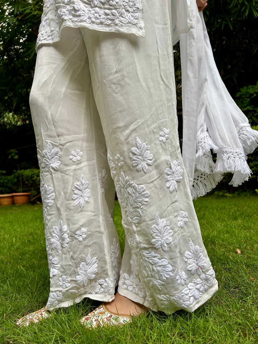 Viscose Georgette Chikankari Kurta Set - White | Noor Collection
