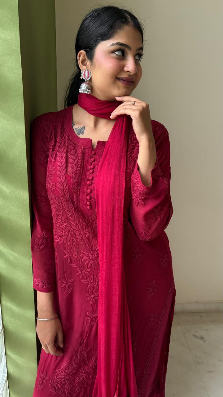 Viscose Georgette Kurta Set - Red | Noor Collection