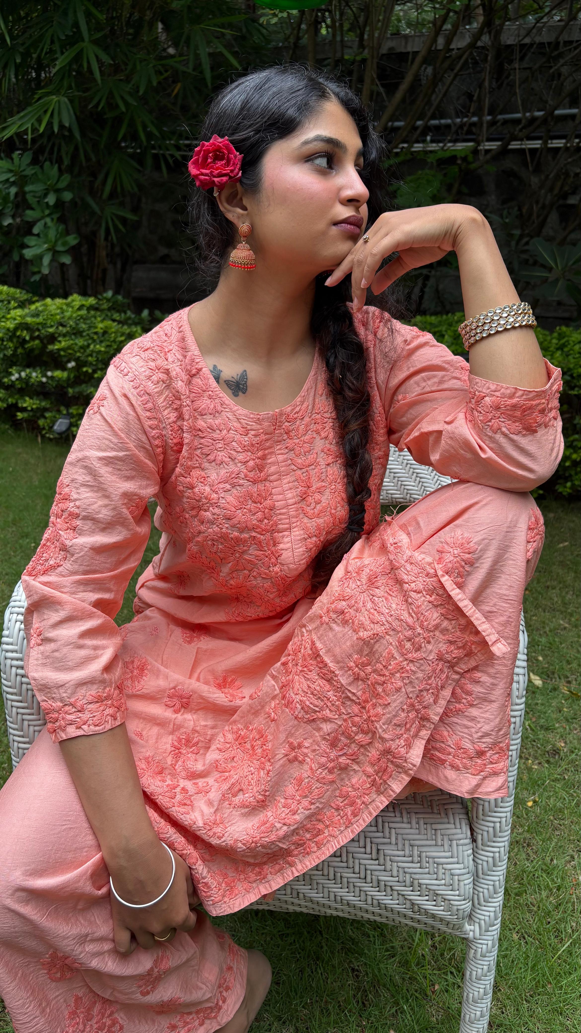 Chanderi Silk Chikankari Kurta - Orange | Noor Collection