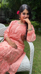 Chanderi Silk Chikankari Kurta - Orange | Noor Collection