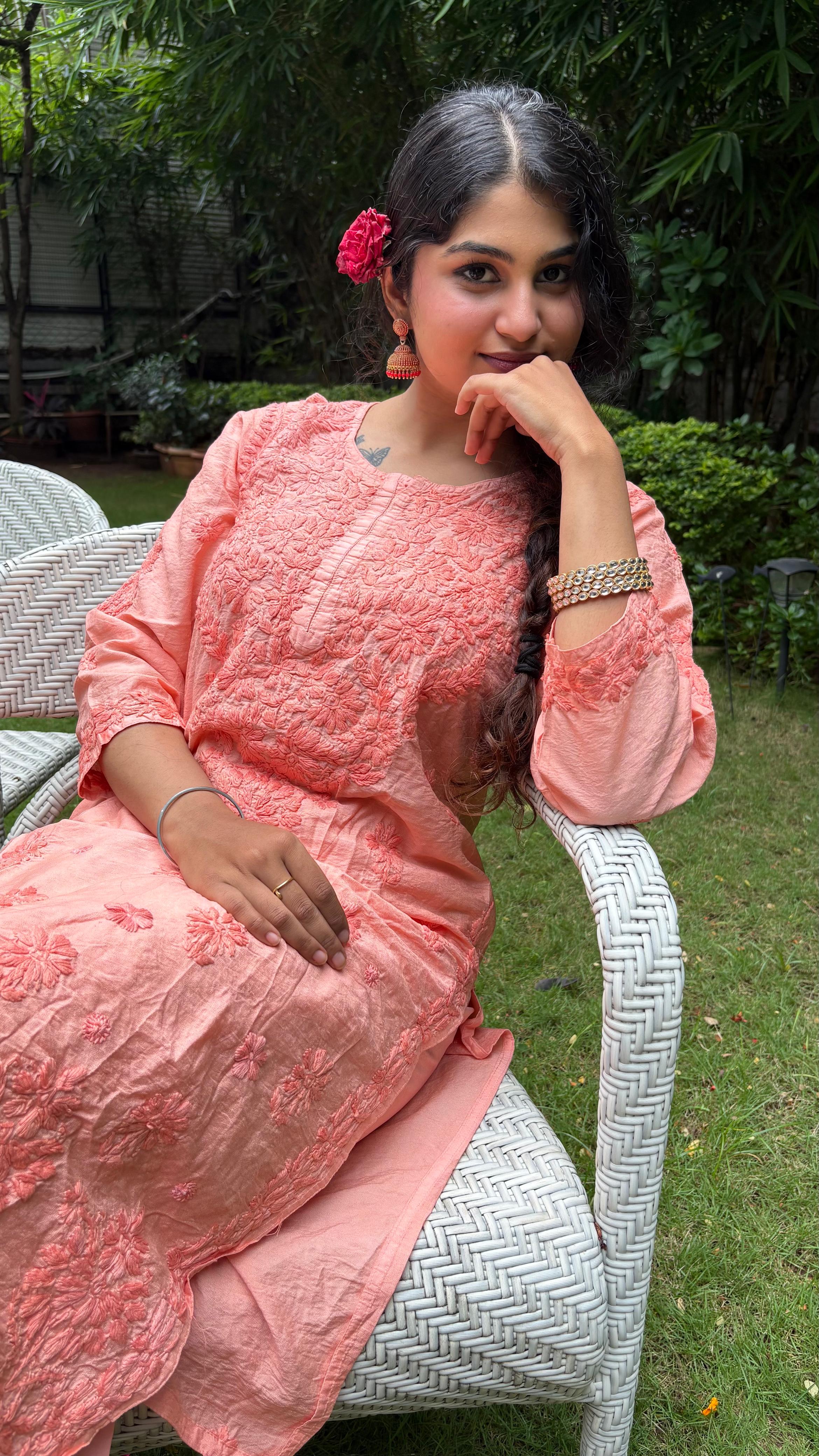 Chanderi Silk Chikankari Kurta - Orange | Noor Collection