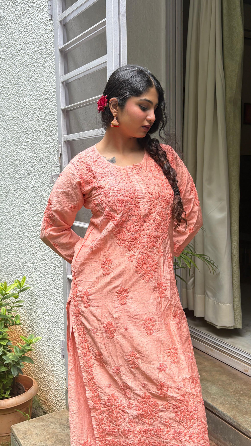 Chanderi Silk Chikankari Kurta - Orange | Noor Collection