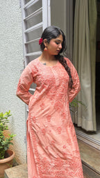 Chanderi Silk Chikankari Kurta - Orange | Noor Collection