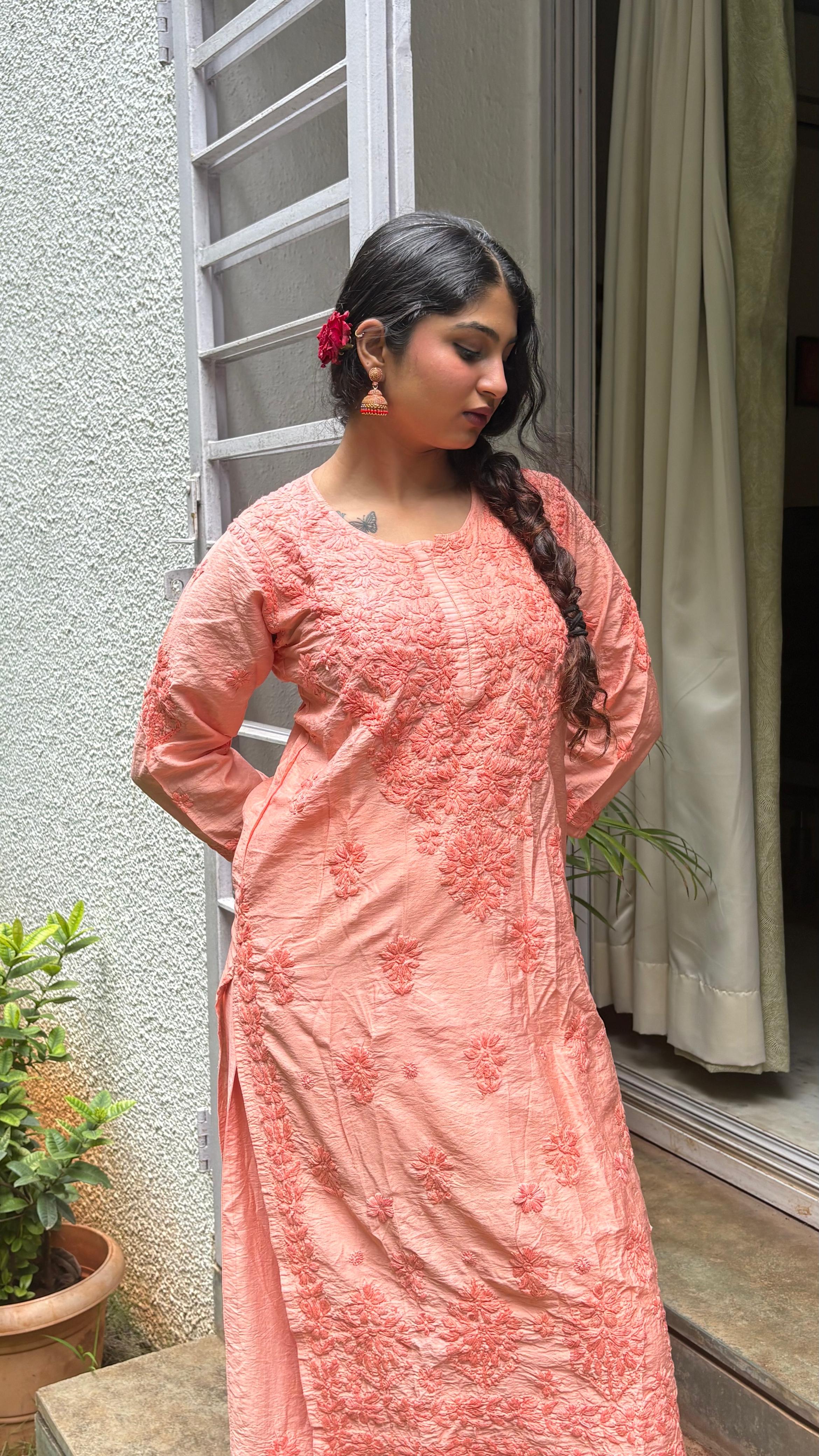 Chanderi Silk Chikankari Kurta - Orange | Noor Collection