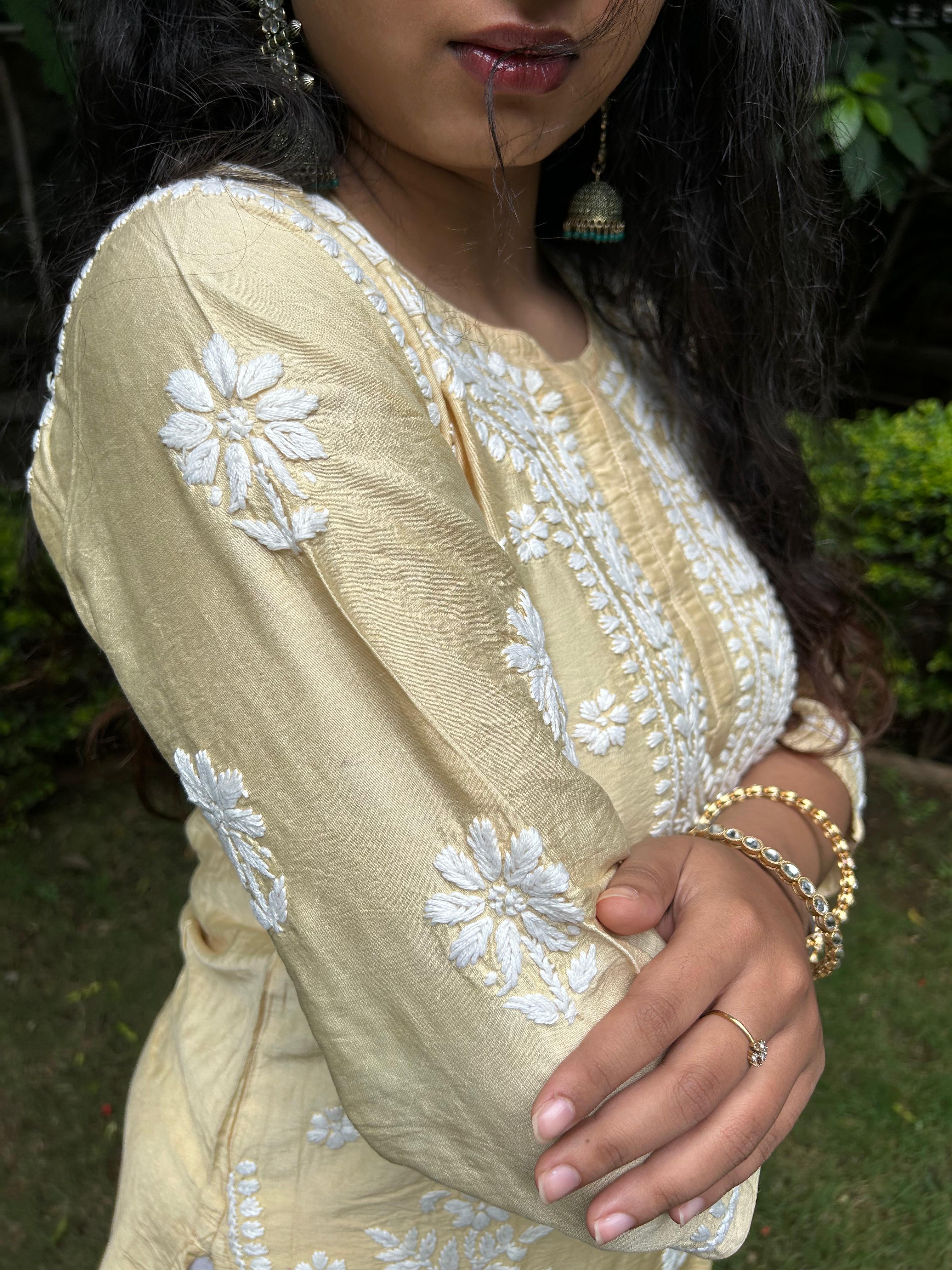 Chanderi Silk Chikankari Kurta- Shaded Yellow | Sehr Collection