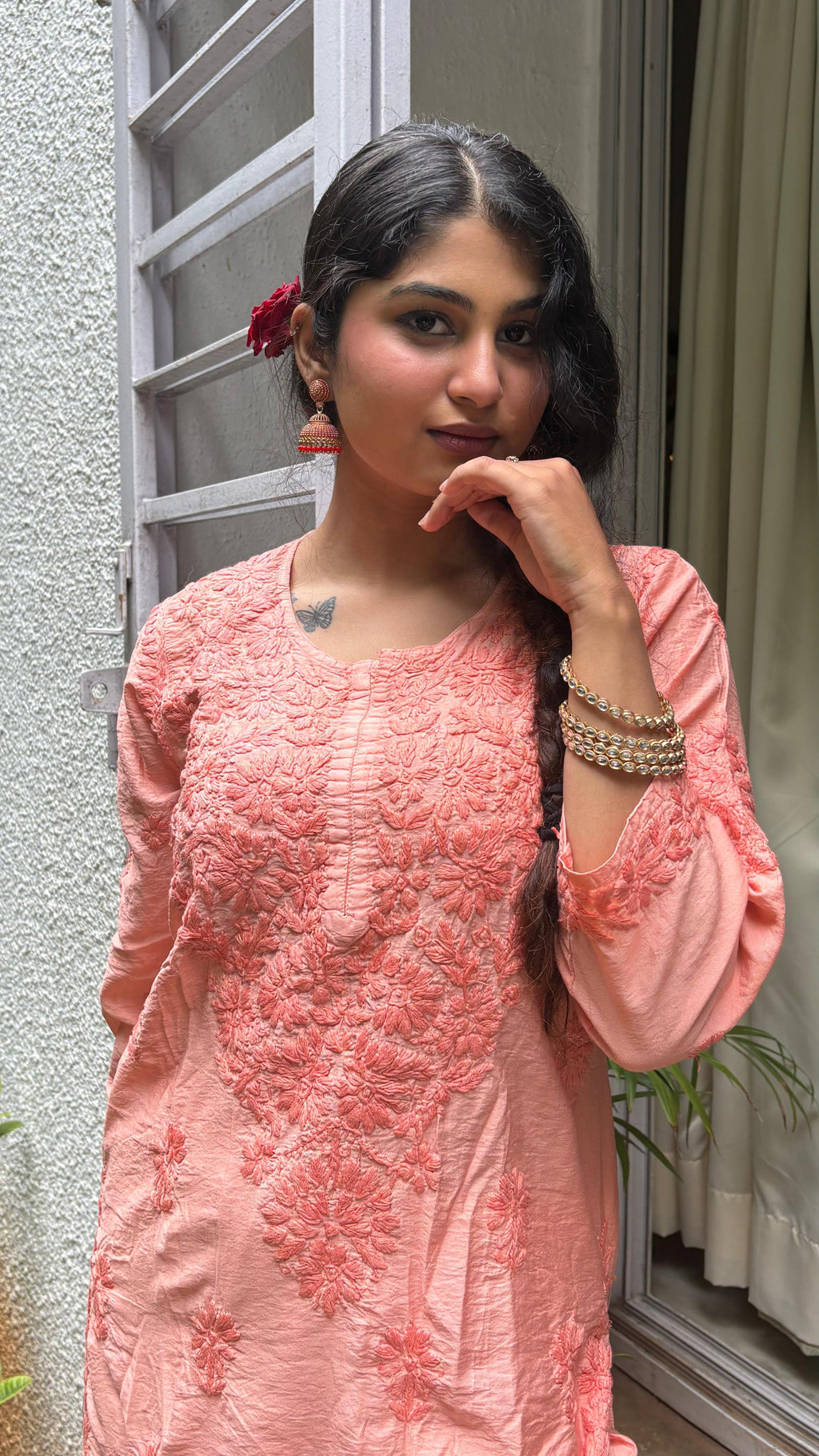 Chanderi Silk Chikankari Kurta - Orange | Noor Collection