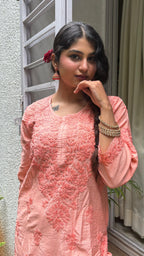 Chanderi Silk Chikankari Kurta - Orange | Noor Collection