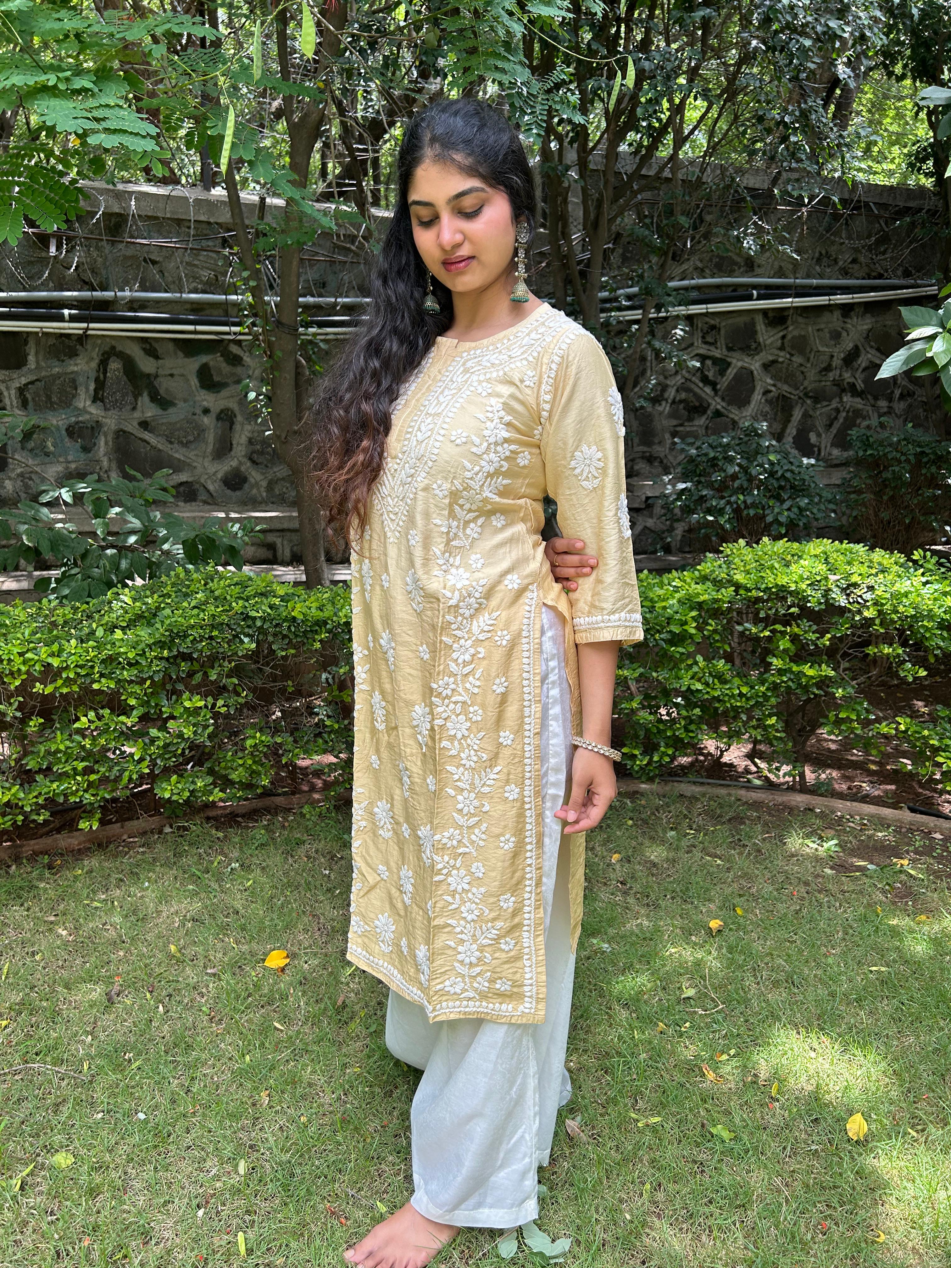 Chanderi Silk Chikankari Kurta- Shaded Yellow | Sehr Collection