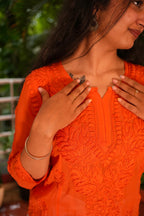 Viscose Georgette Chikankari Kurta - Orange | Sanjh Collection