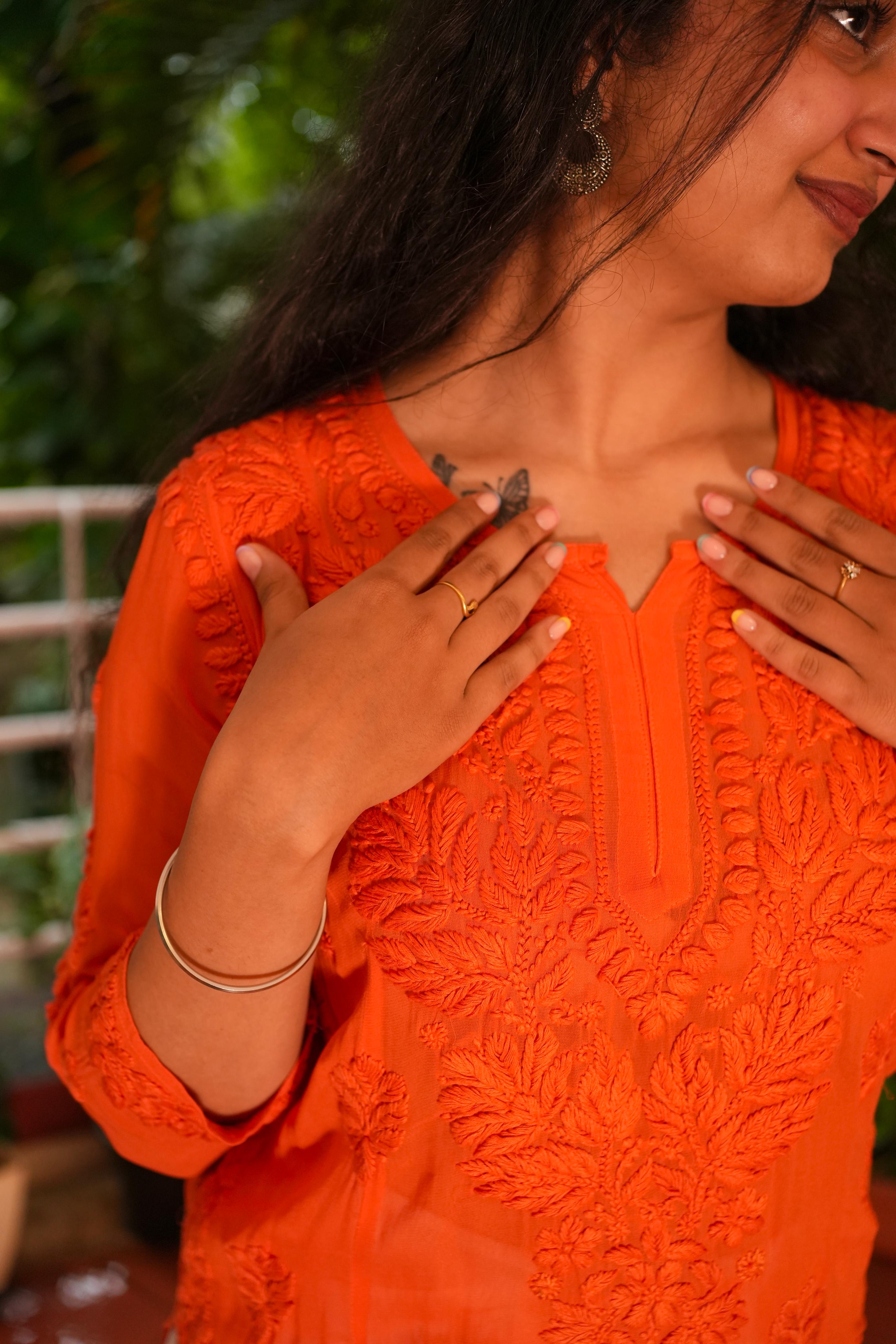 Viscose Georgette Chikankari Kurta - Orange | Sanjh Collection