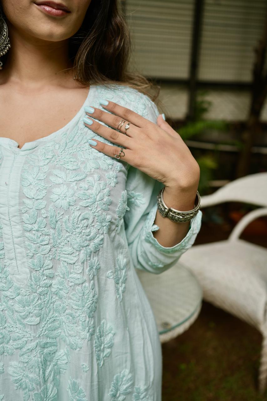 Modal Chikankari Kurta Set - Sky Blue | Noor Collection