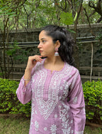 Chanderi Silk Chikankari Kurta- Mauve | Sehr Collection