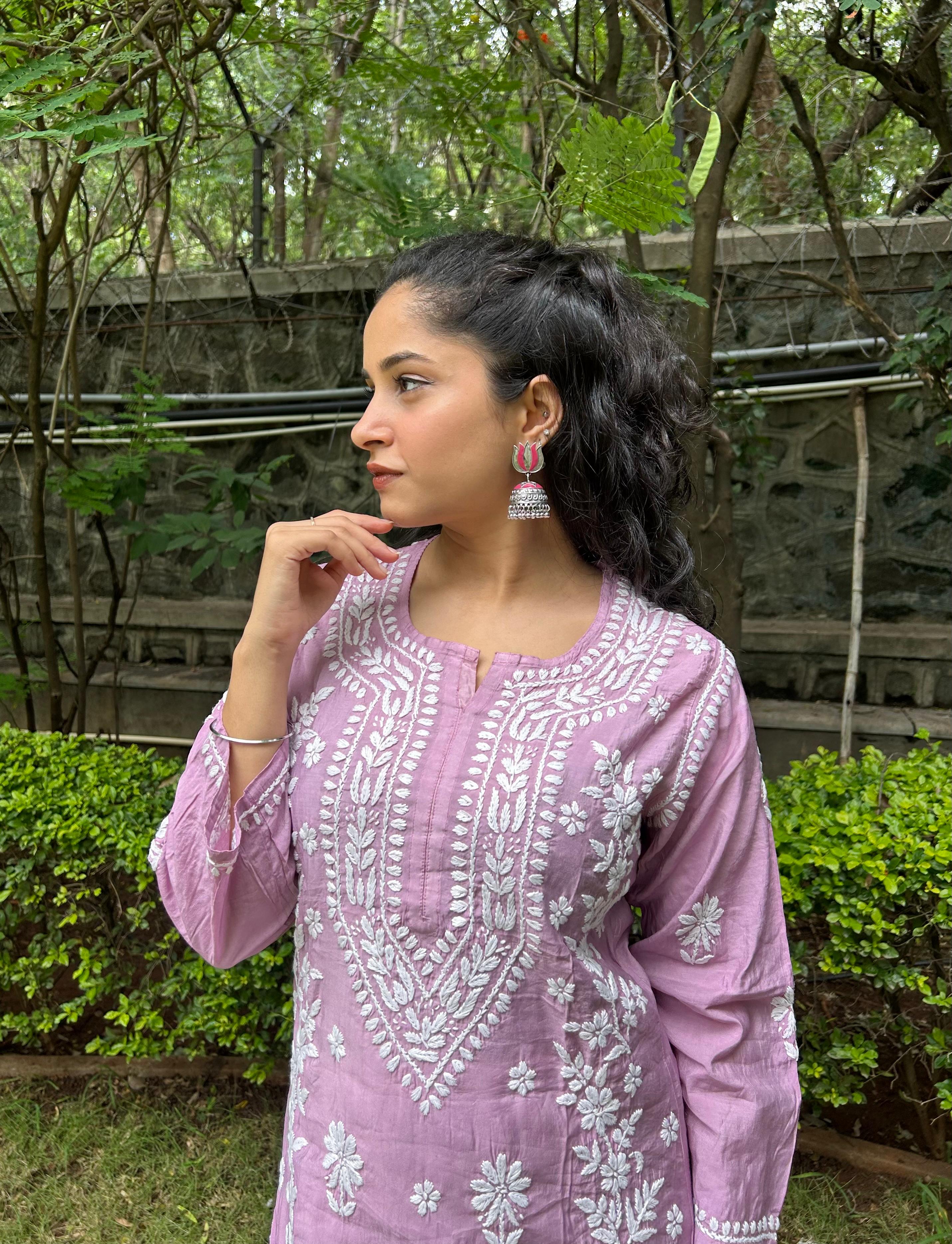 Chanderi Silk Chikankari Kurta- Mauve | Sehr Collection