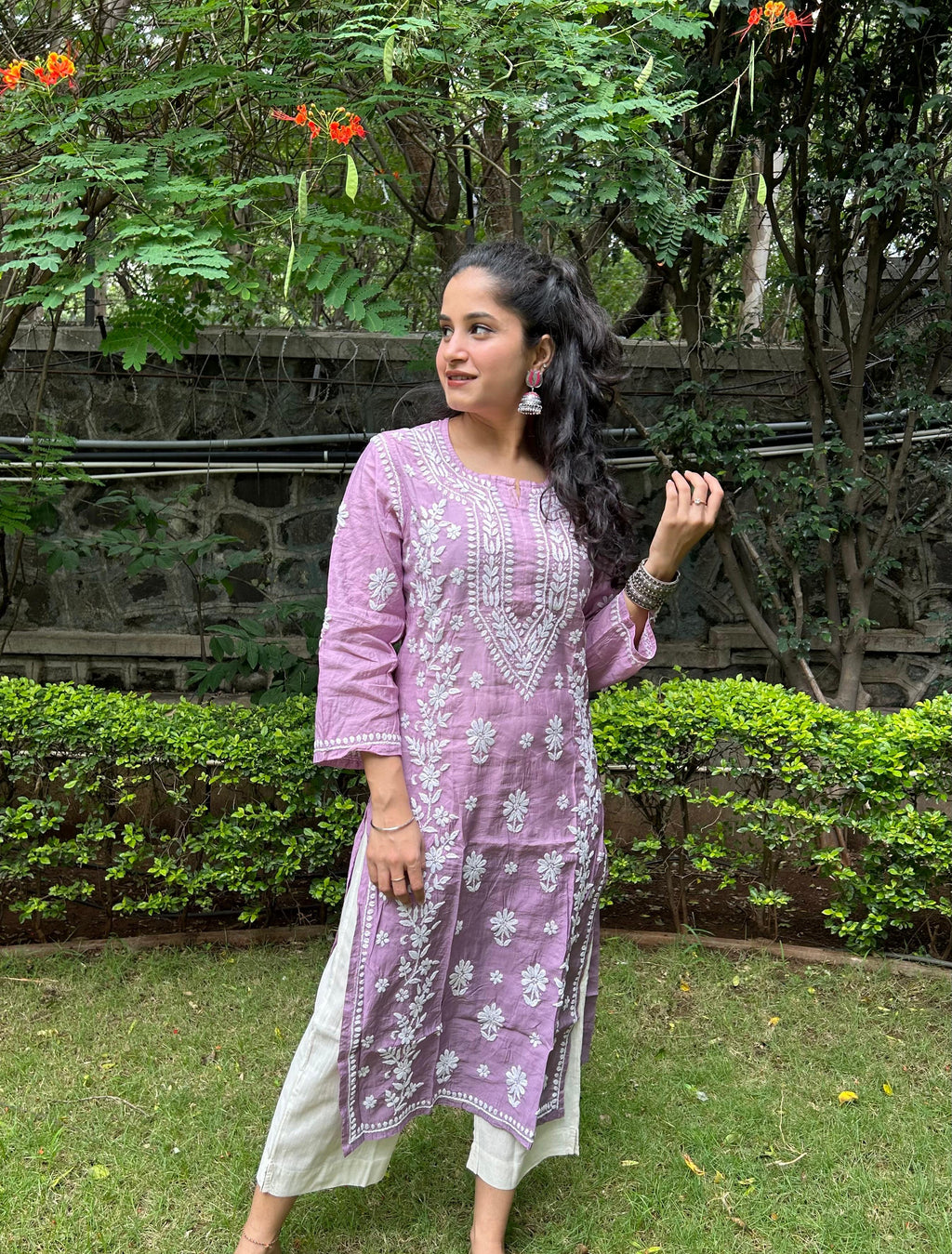 Chanderi Silk Chikankari Kurta- Mauve | Sehr Collection