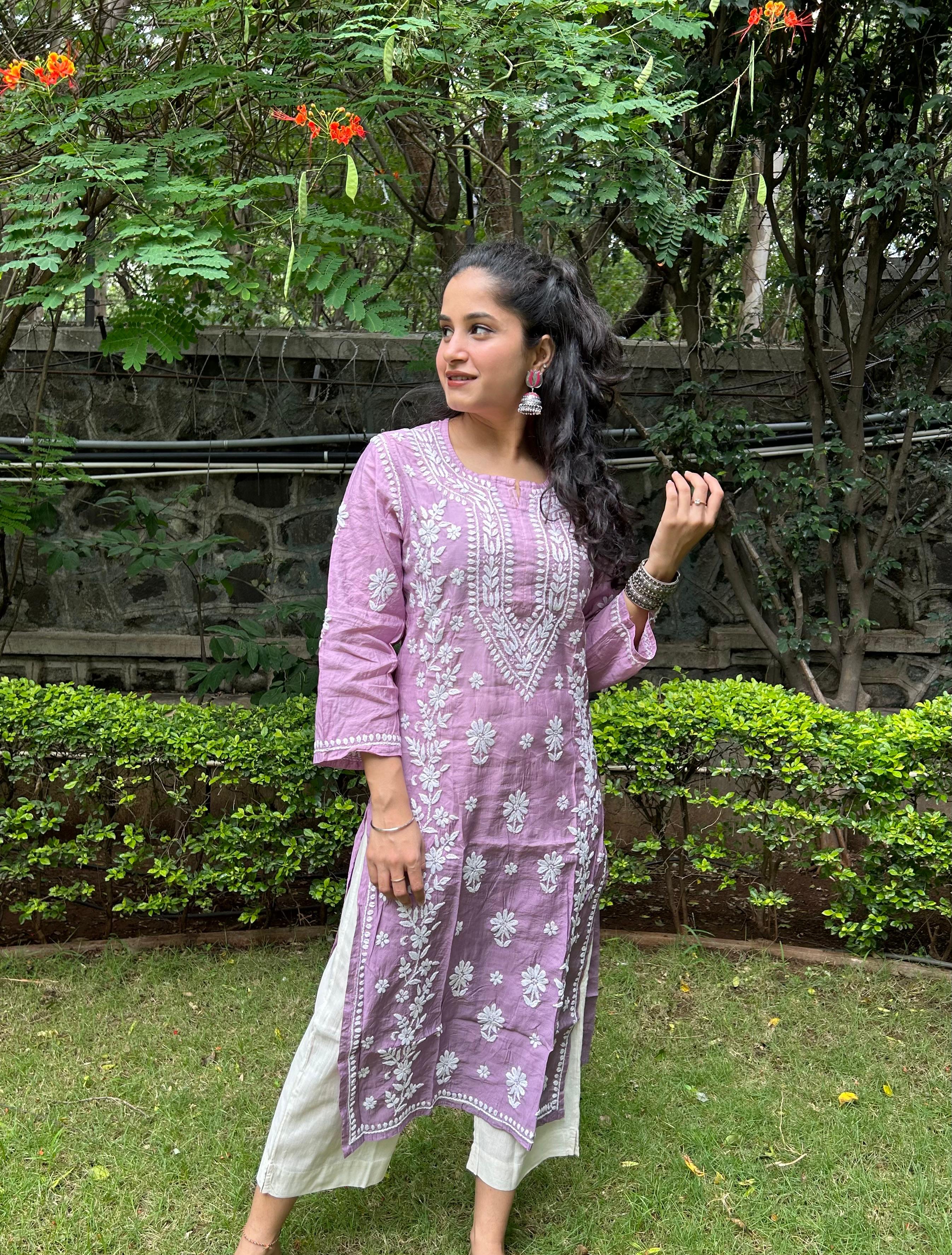 Chanderi Silk Chikankari Kurta- Mauve | Sehr Collection