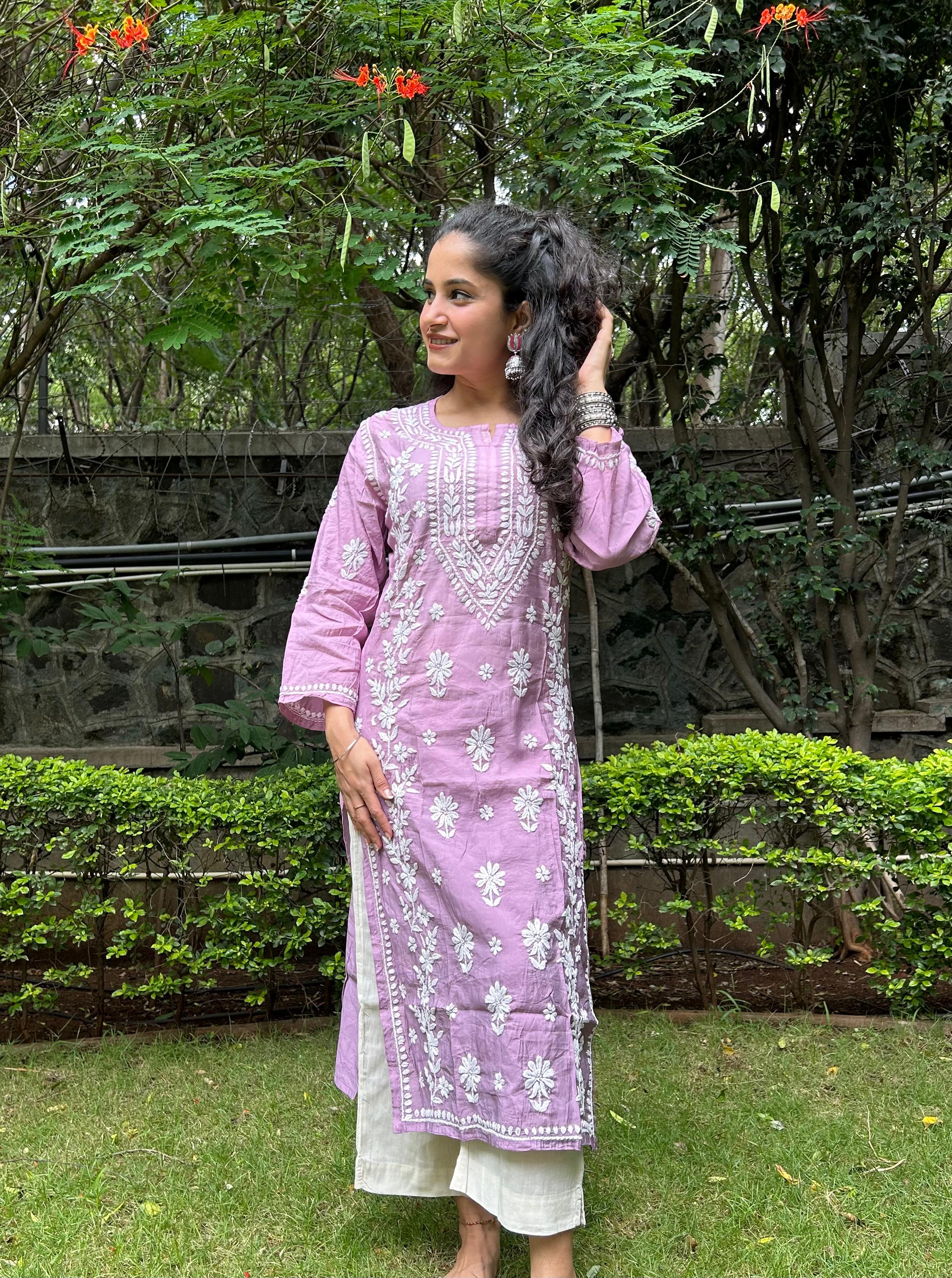 Chanderi Silk Chikankari Kurta- Mauve | Sehr Collection